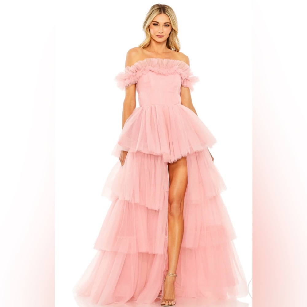 Mac Duggal Pink Off-Shoulder Tiered Tulle High-Low Gown - Picture 1 of 5